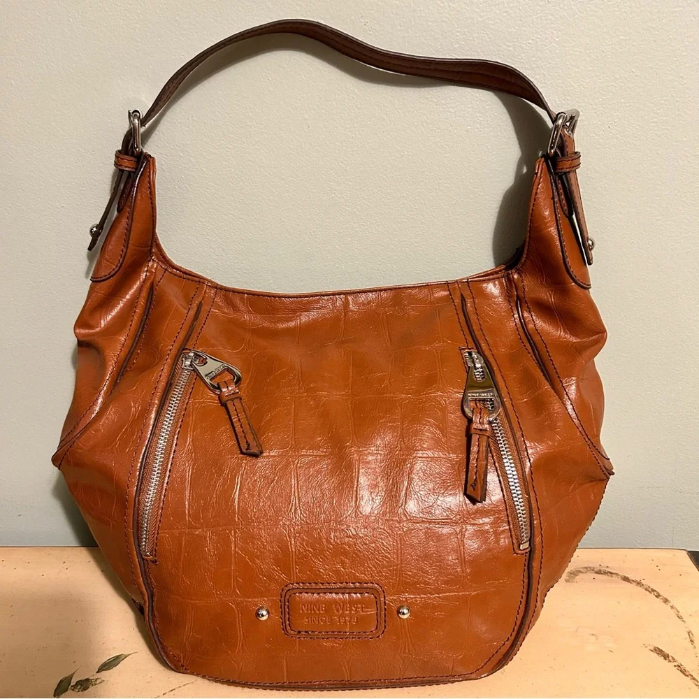 Nine West Cognac Tan Embossed Faux Leather Croc Reptile Print Hobo Bag Purse